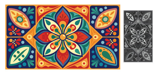 Colorful decorative floral tile pattern with geometric elements artistic design bright and vibrant colors