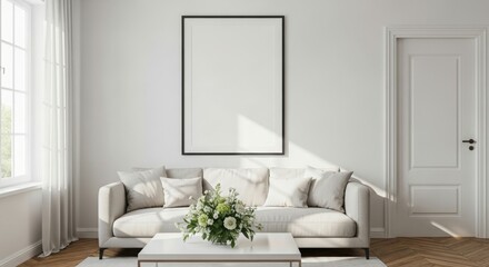 A minimalist living room with a sofa, coffee table, and a blank wall for artwork.
