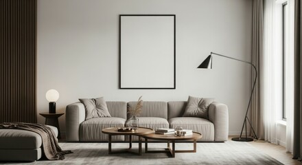 A modern, minimalist living room with neutral tones and stylish furniture.