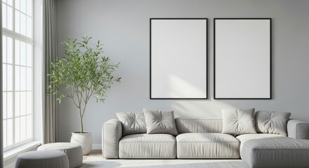 Modern living room with minimalist decor, featuring a sofa, plant, and empty frames.