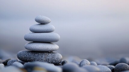 A stack of five gray stones on a pebble beach with a foggy background.