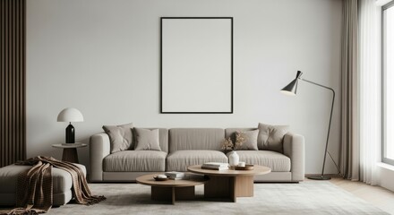 Modern living room with neutral tones and minimalist decor.