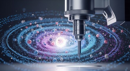 Close up of a metal machine with a drill bit against a galaxy background with colorful spheres