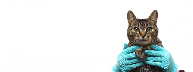 Doctors hands in blue gloves holding striped cat on light background
