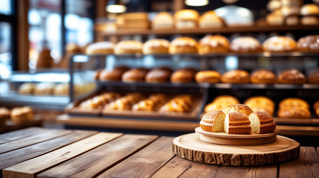 wooden table top with blur background of bakery shop - Powered by Adobe