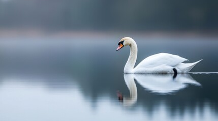 Obraz premium Elegant white swan gliding on calm lake water surrounded by mist and reflections in serene nature landscape