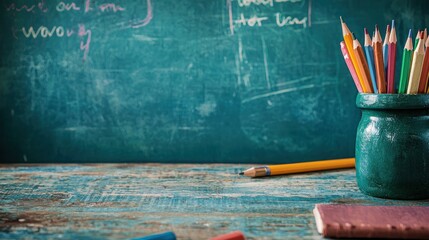 A colorful array of pencils and books on a rustic wooden table, with a blackboard in the background.