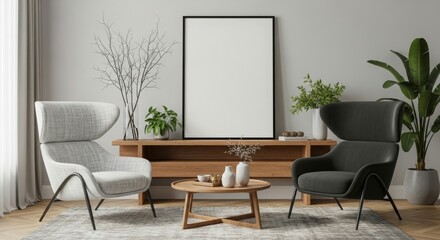 Modern living room with stylish chairs, a coffee table, and decorative plants.