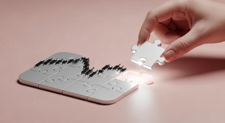 Hand placing puzzle piece into puzzle with stock chart on pink background in studio shot style image