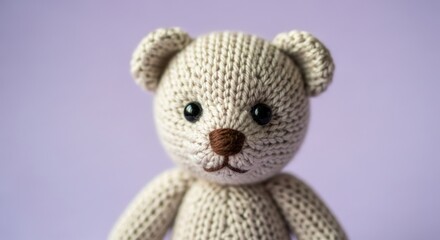 Close up of a knitted beige teddy bear with black eyes and a brown nose against a lavender background