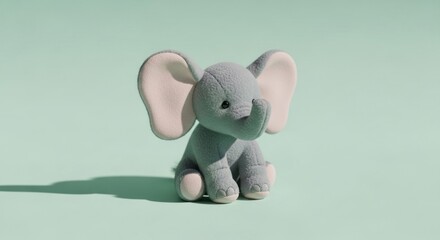A plush gray elephant toy sitting upright on a light green background casting a shadow to the left