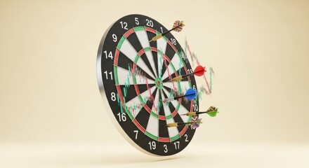 A dartboard with darts and a stock chart overlayed on a beige background in a studio setting