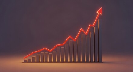 A red glowing arrow pointing upwards over a rising bar graph against a dark background illustration