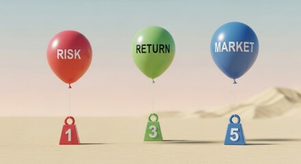 Three balloons labeled risk return and market each tethered to a numbered weight on a desert landscape