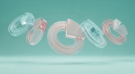Floating translucent rings and pie chart section in pastel colors on a light teal background scene