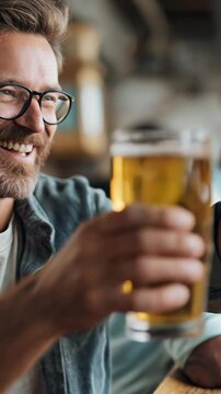 Friends drink beer in local pub restaurant and cheer. Joyful mood and event celebration