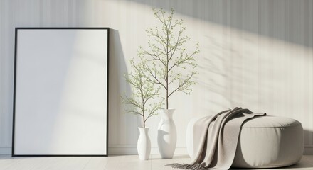 A minimalist interior scene with vases, greenery, and a cozy pouf in soft lighting.