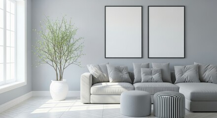 A modern living room with a sofa, decorative plants, and empty frames on the wall.