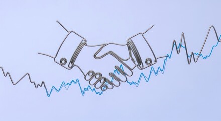 A wire handshake over a blue financial chart on a white background depicting business agreement