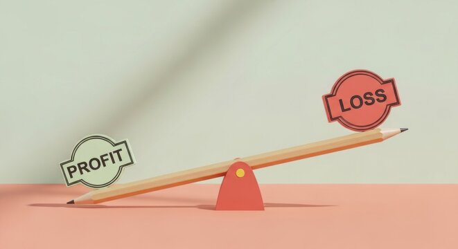 A seesaw with profit and loss labels balanced on a pencil against a two tone background in studio