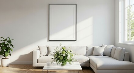 A modern living room featuring a sofa, coffee table, and floral arrangement.