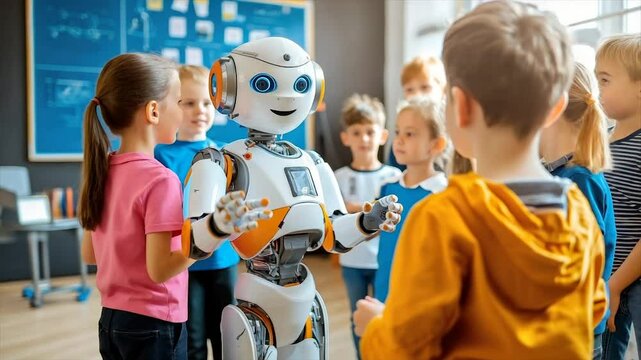 Robot interacts with children in a classroom