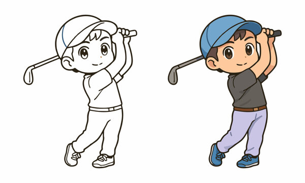 Cute man playing golf coloring page for kids