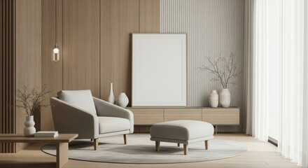 Minimalist living room with neutral tones and natural elements.