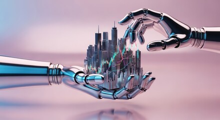 Robotic hands holding miniature city with stock market graph overlayed on buildings and soft background
