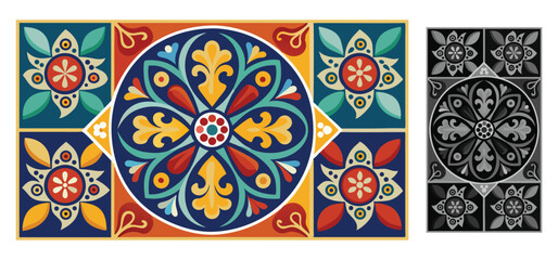 Colorful floral mosaic design with ornamental elements in a symmetrical decorative composition vector illustration