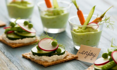 Vibrant Vegetable Appetizers with Cucumber Radish and Carrot Crudit?s Presented on Rustic Blue Wooden Tabletop in Natural Soft Light Representing Healthy Eating and Lifestyle Choices and Culinary Art
