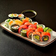 Sushi maki beautifully arranged on plate, featuring fresh ingredients and vibrant colors