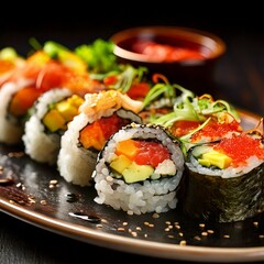 Sushi maki beautifully arranged on plate, featuring fresh ingredients and vibrant colors