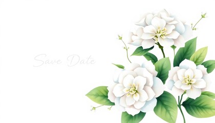 Obraz premium Elegant watercolor white hydrangea & greenery save the date design, greenery, invitation design