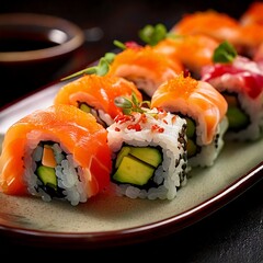 Sushi maki beautifully arranged on plate, featuring fresh ingredients and vibrant colors