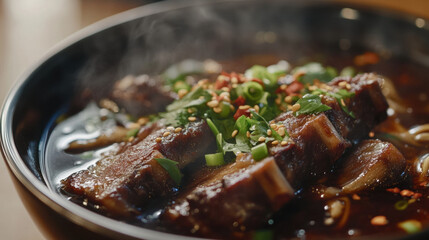 Hearty beef stew and lamb chops with vegetables in a delicious gourmet meal