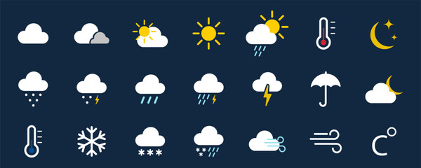 Weather icon set. Forecast weather flat symbols.