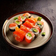 Sushi maki beautifully arranged on plate, featuring fresh ingredients and vibrant colors