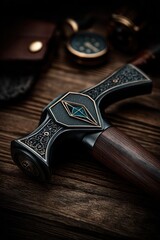 Ornate walking stick resting on a wooden surface