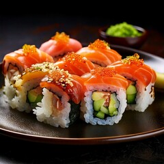 Sushi maki beautifully arranged on plate, featuring fresh ingredients and vibrant colors