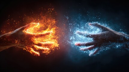 Two hands, one with fire and the other with water.