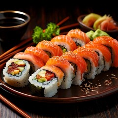 Sushi maki beautifully arranged on plate, featuring fresh ingredients and vibrant colors
