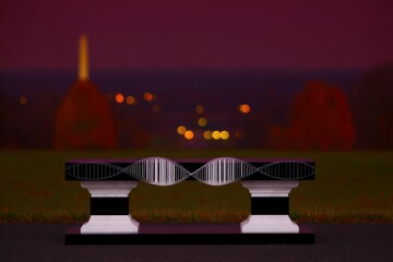 Park bench with DNA design at dusk