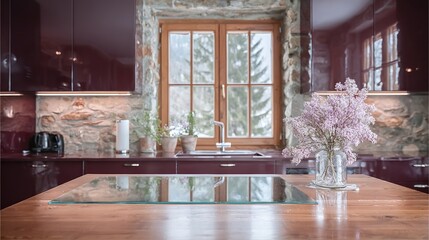 Rustic modern kitchen with mountain view
