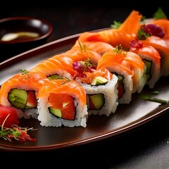 Sushi maki beautifully arranged on plate, featuring fresh ingredients and vibrant colors
