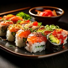 Sushi maki beautifully arranged on plate, featuring fresh ingredients and vibrant colors