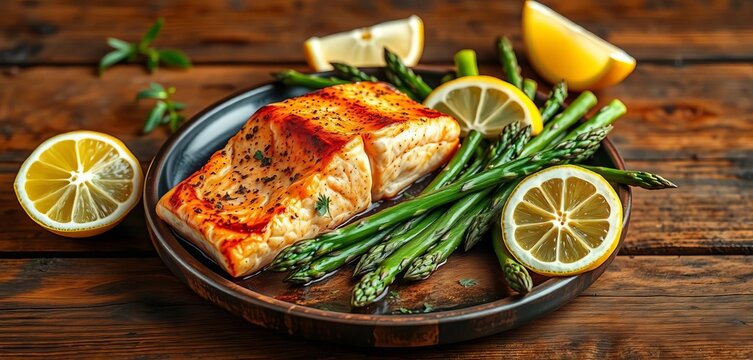 Grilled salmon & asparagus, lemon wedges on rustic wooden table, culinary, table