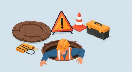 A construction worker emerges from a manhole, surrounded by safety equipment and tools.