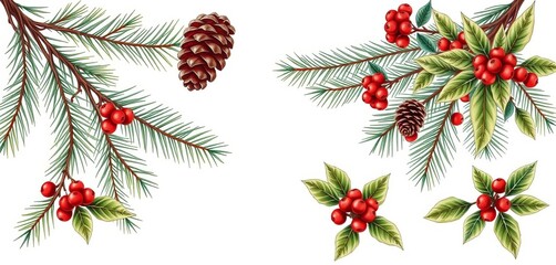 Hand-drawn vintage Christmas botanical illustration featuring fir branches, pine cones, and holly with berries,  illustration,  pine