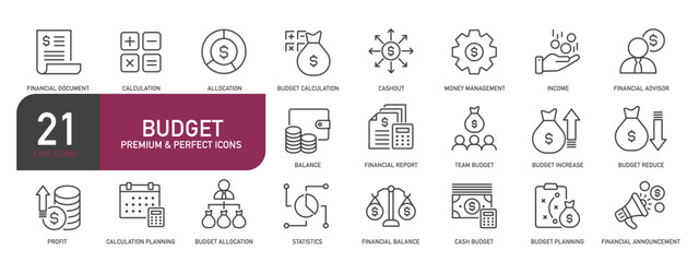 Set of line icons related to budget, finance, accounting. Outline icons collection. Editable stroke. Vector illustration